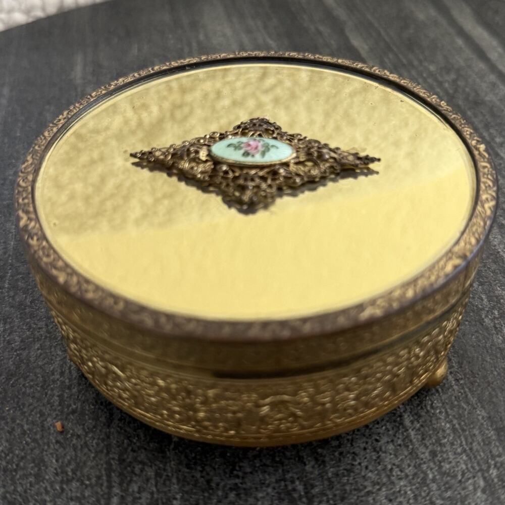 Vintage Hollywood Regency Vanity Trinket Box Lidded Glass‎ Ornate Guilloche Rose
